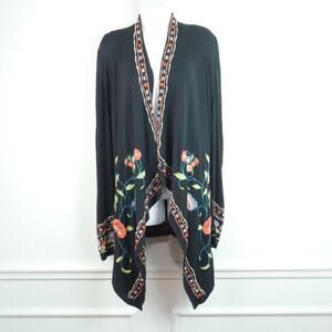 Caite Embroidered Floral Kimono Cardigan Womens Open Front Boho Black Medium